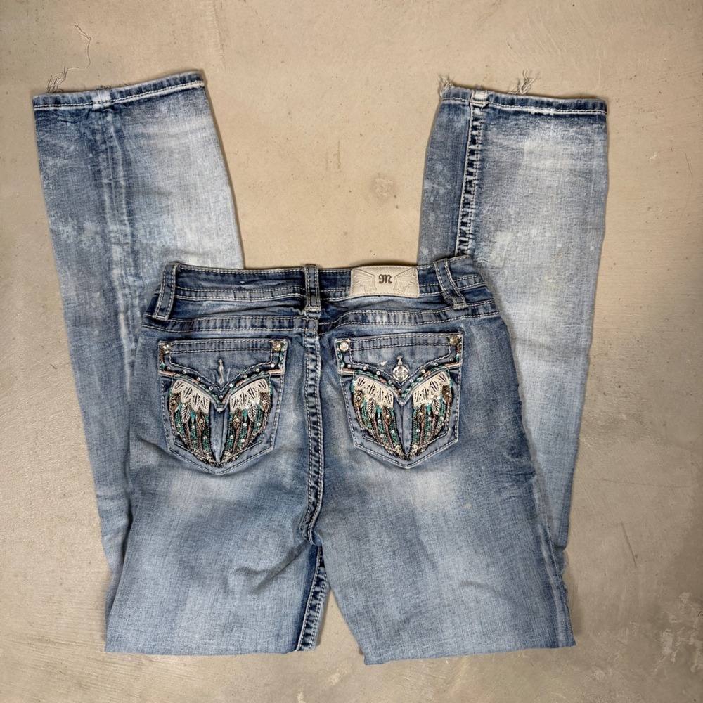 Miss Me Chloe Boot Cut Distressed Embellished Wing Pocket Jeans Light Wash 30